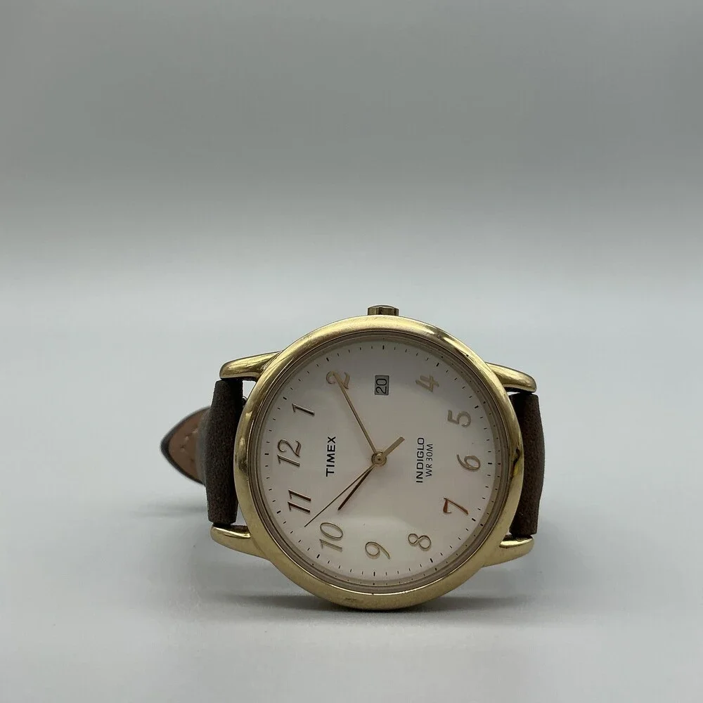 Timex Indiglo WR30M Mens Watch 35mm Cream Dial Gold Tone Leather New Battery